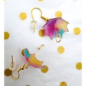 Rainbow Umbrella Shaped Resin Earrings With Gold Hooks & Silicone Backings